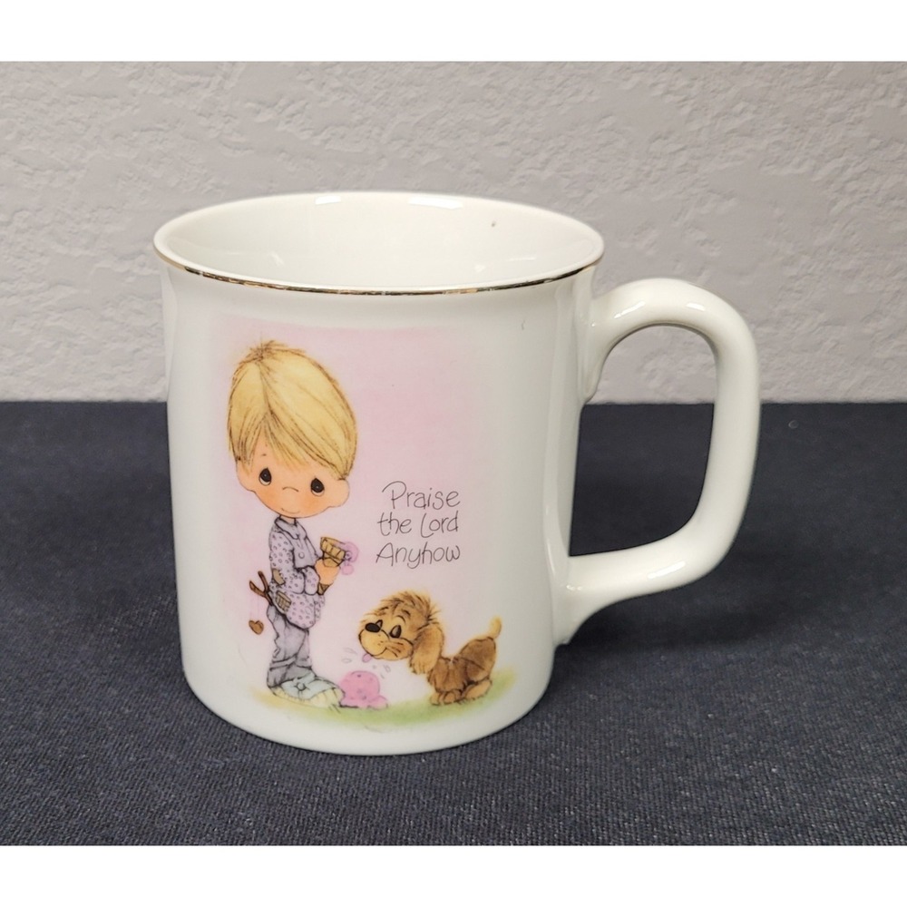 Vintage 1978 Precious Moments Mug Praise the Lord Anyhow Boy w/ Dog Enesco